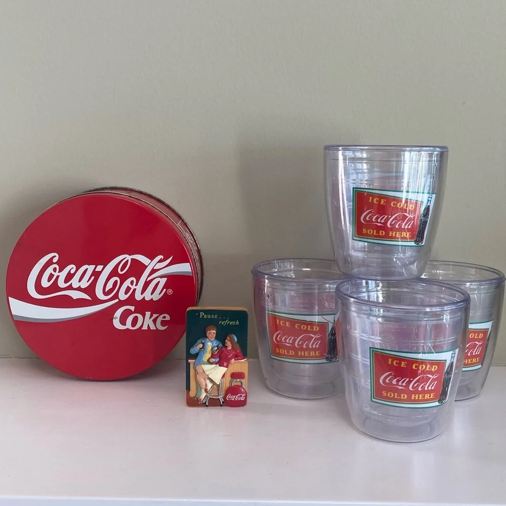 Coca Cola Collectors Set Vintage Coca Cola Tin Acrylic Tumblers Glasses Magnet
